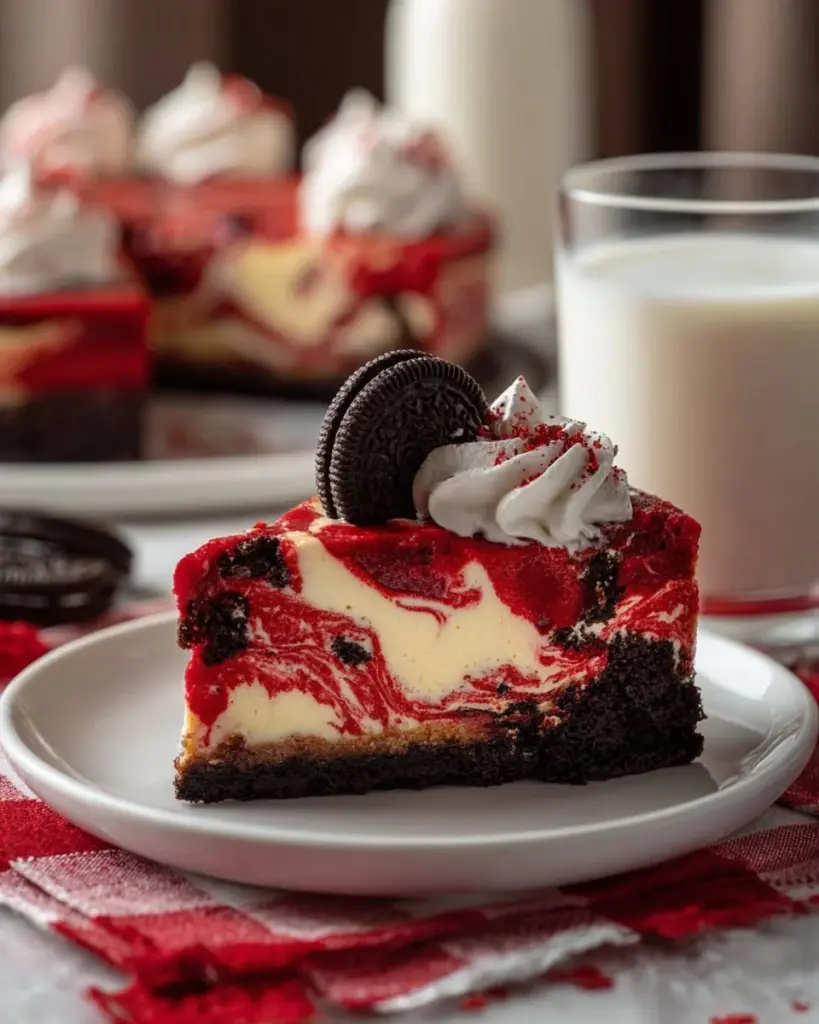 A festive Christmas Red Velvet Cheesecake with cream cheese frosting and holiday decorations