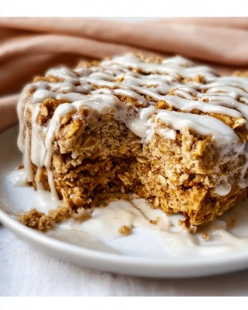 Delicious cinnamon roll baked oatmeal topped with icing and cinnamon