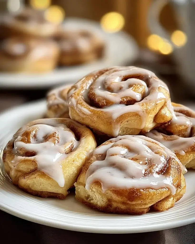 Freshly baked cinnamon roll cookies on a plate drizzled with icing.