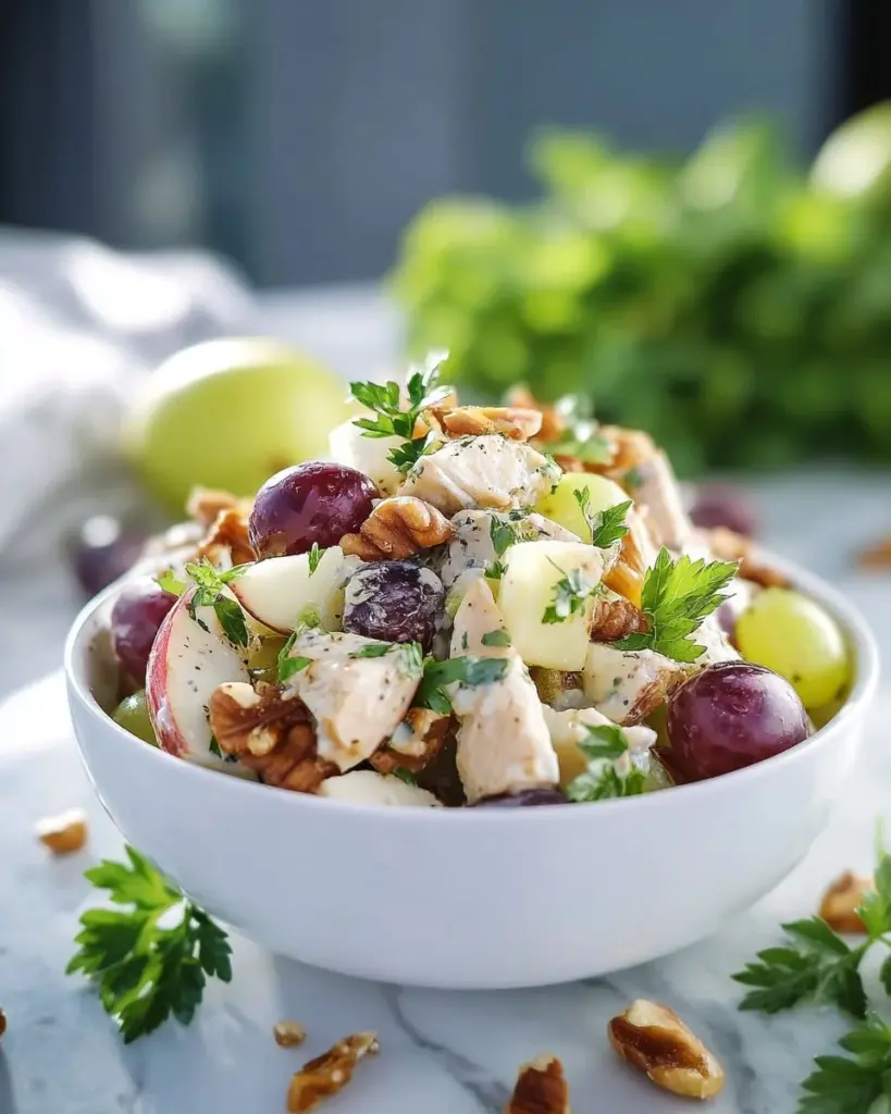 Classic Waldorf Chicken Salad with apples, nuts, and chicken in a bowl