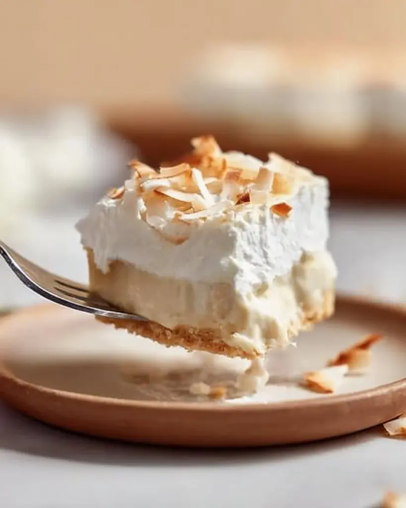 Delicious Coconut Cream Pie Bars topped with whipped cream and toasted coconut.