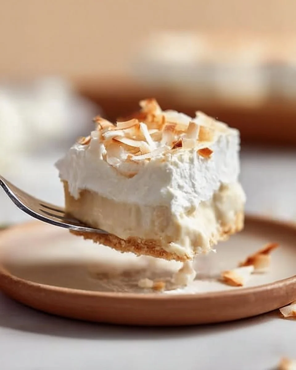 Delicious Coconut Cream Pie Bars topped with whipped cream and toasted coconut.