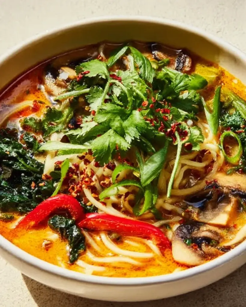 Delicious Coconut Curry Soup garnished with herbs and served in a bowl