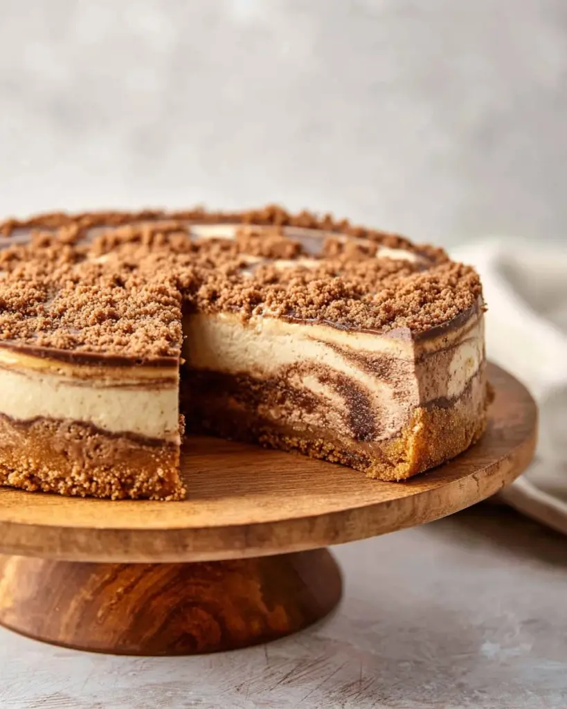 Delicious coffee cake cheesecake topped with crumble and coffee flavoring.