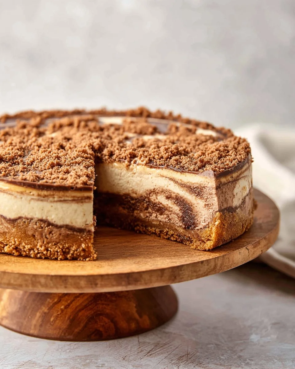 Delicious coffee cake cheesecake topped with crumble and coffee flavoring.