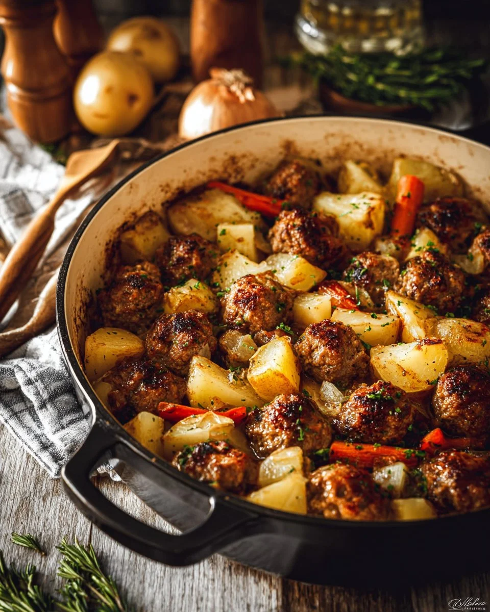 Old-Fashioned Meatball Casserole with Potatoes and Carrots