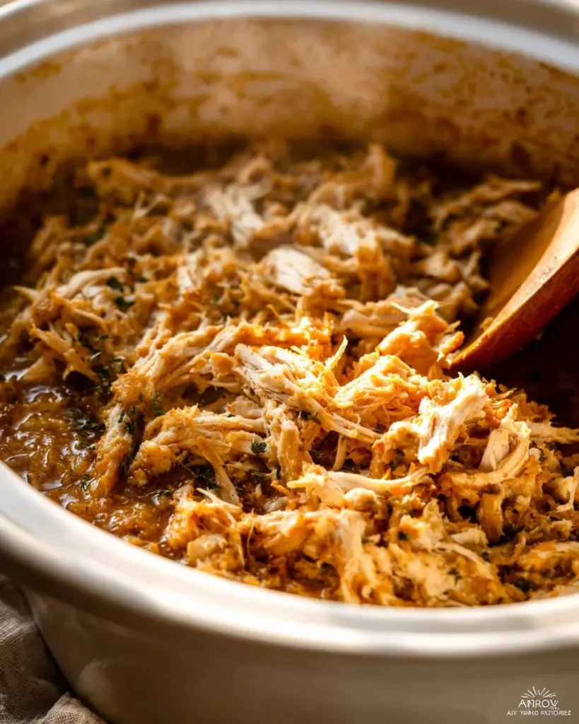 Cozy slow cooker chicken and stuffing dish served in a bowl with herbs
