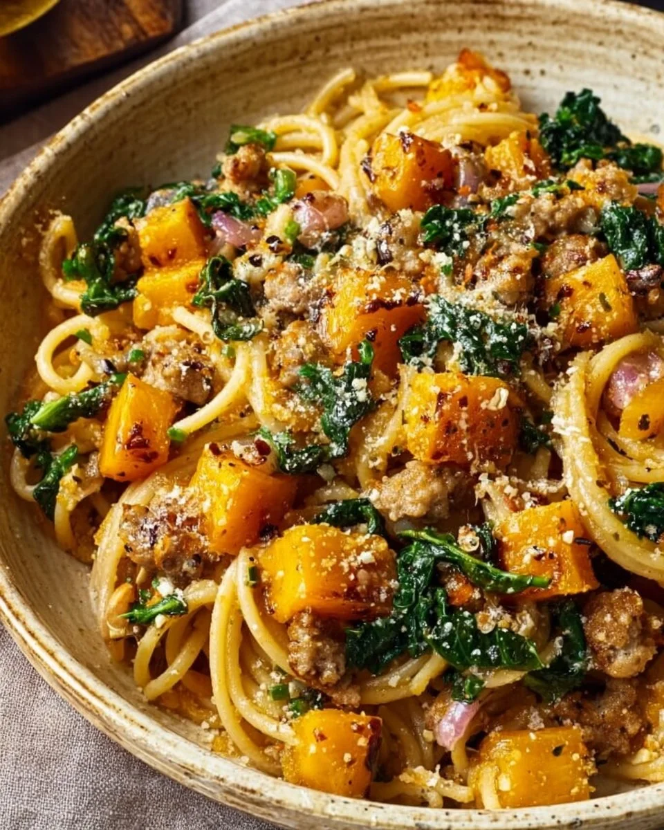 Creamy butternut squash pasta with sausage and spinach dish served in a bowl.