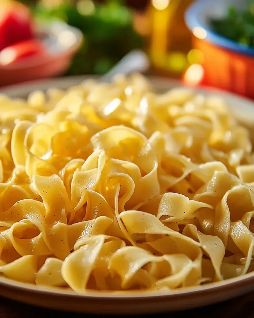 Bowl of creamy cafeteria noodles topped with herbs and spices