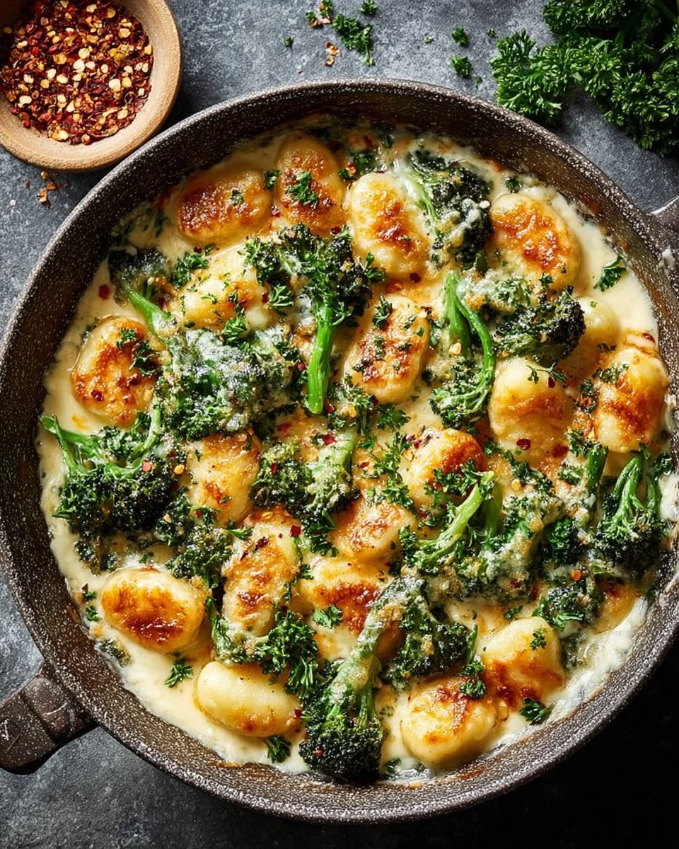 Creamy Cheesy Broccoli Gnocchi Skillet topped with cheese and fresh broccoli