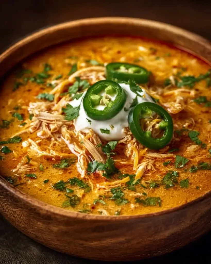 Bowl of creamy chicken enchilada soup garnished with cilantro and tortilla strips