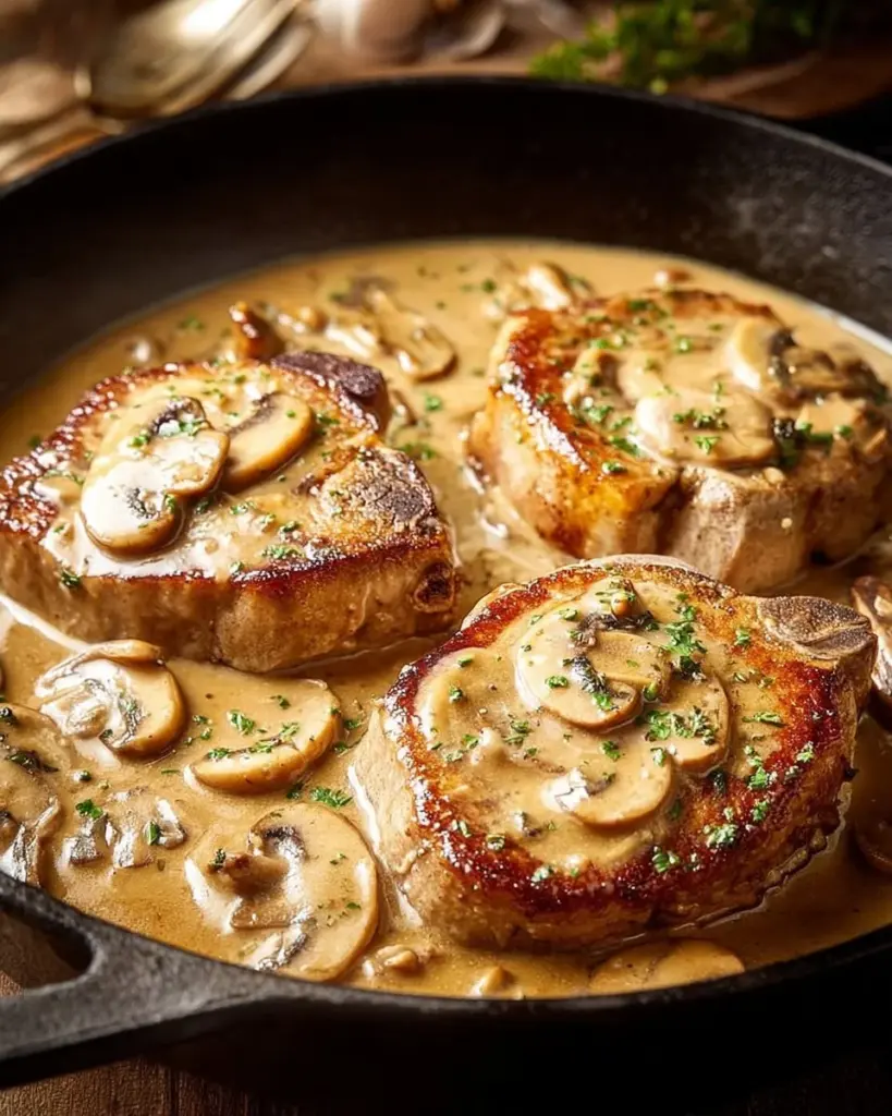 Creamy garlic pork chops served on a plate with herbs and seasoning