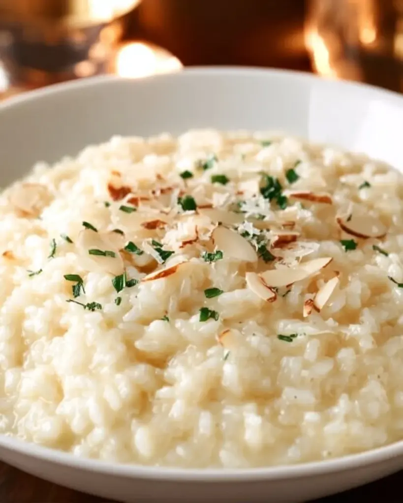 Creamy Parmesan Risotto garnished with herbs in a bowl