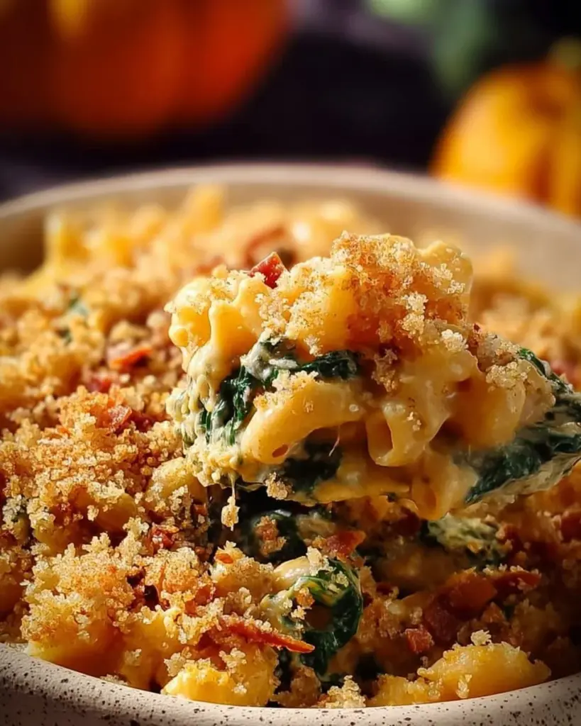 Creamy pumpkin mac and cheese with bacon and spinach in a serving dish