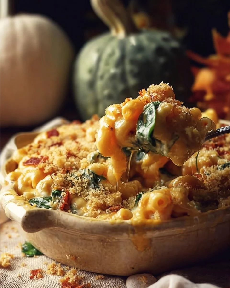 Creamy Pumpkin Mac and Cheese with Bacon and Spinach