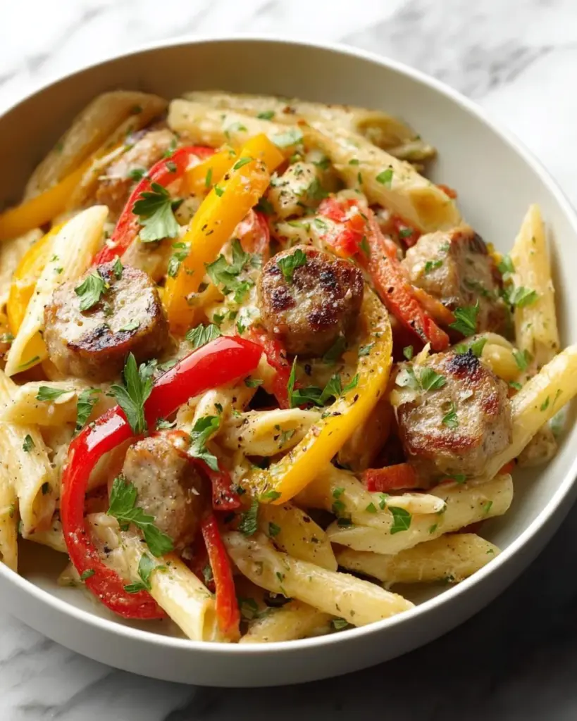 Creamy sausage skillet dish featuring sausage, vegetables, and a rich sauce