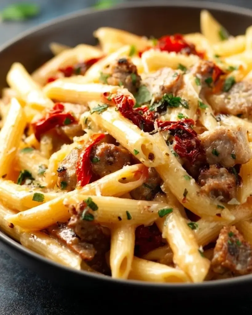 Creamy Tuscan sausage pasta served in a bowl with fresh herbs