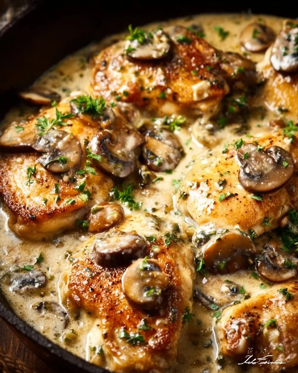 Plate of creamy white wine chicken with herbs and side vegetables