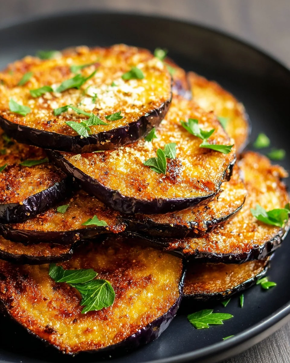 Crispy air fryer eggplant slices served on a plate