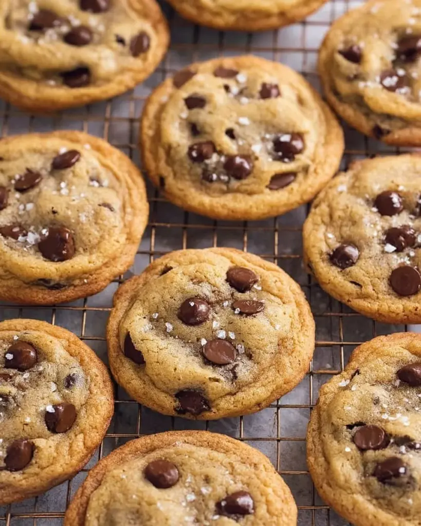 Delicious crispy and chewy chocolate chip cookies on a cooling rack