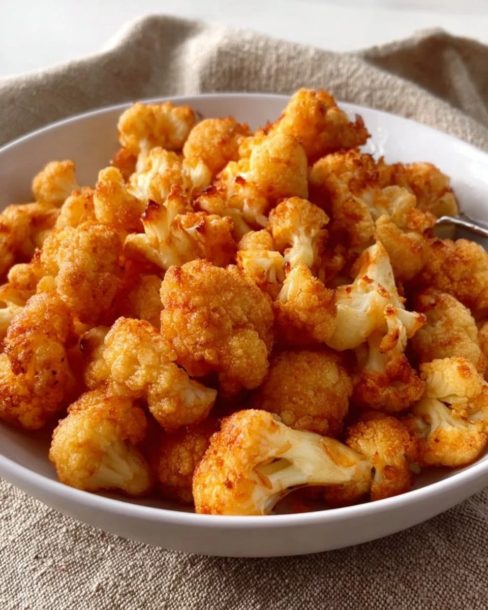 Crispy deep-fried vegan cauliflower nuggets on a plate garnished with herbs.