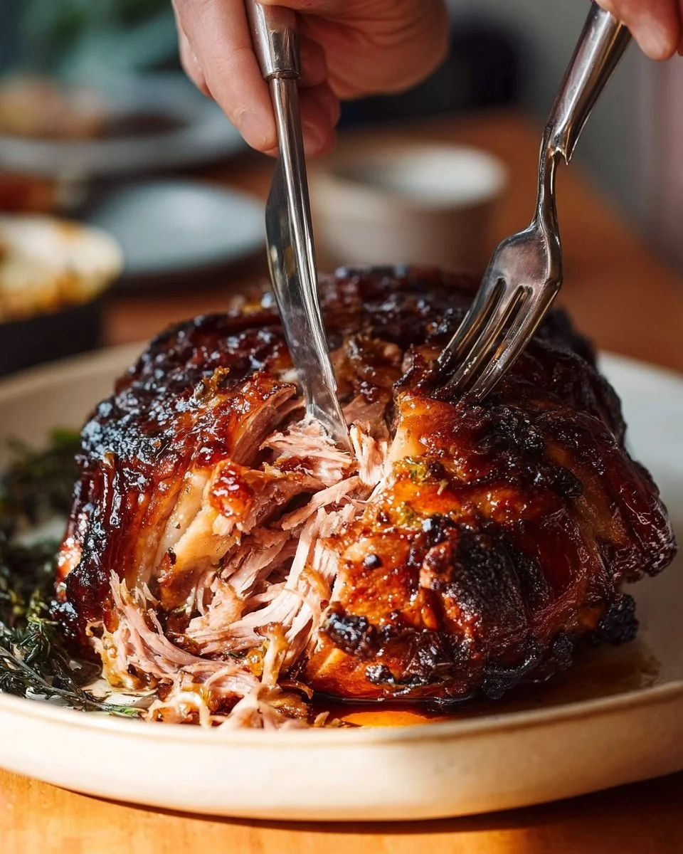 Crispy Skin Pork Shoulder served on a platter with garnishes.