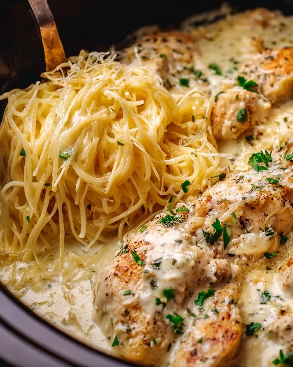Crock Pot Angel Chicken recipe with creamy sauce and tender chicken