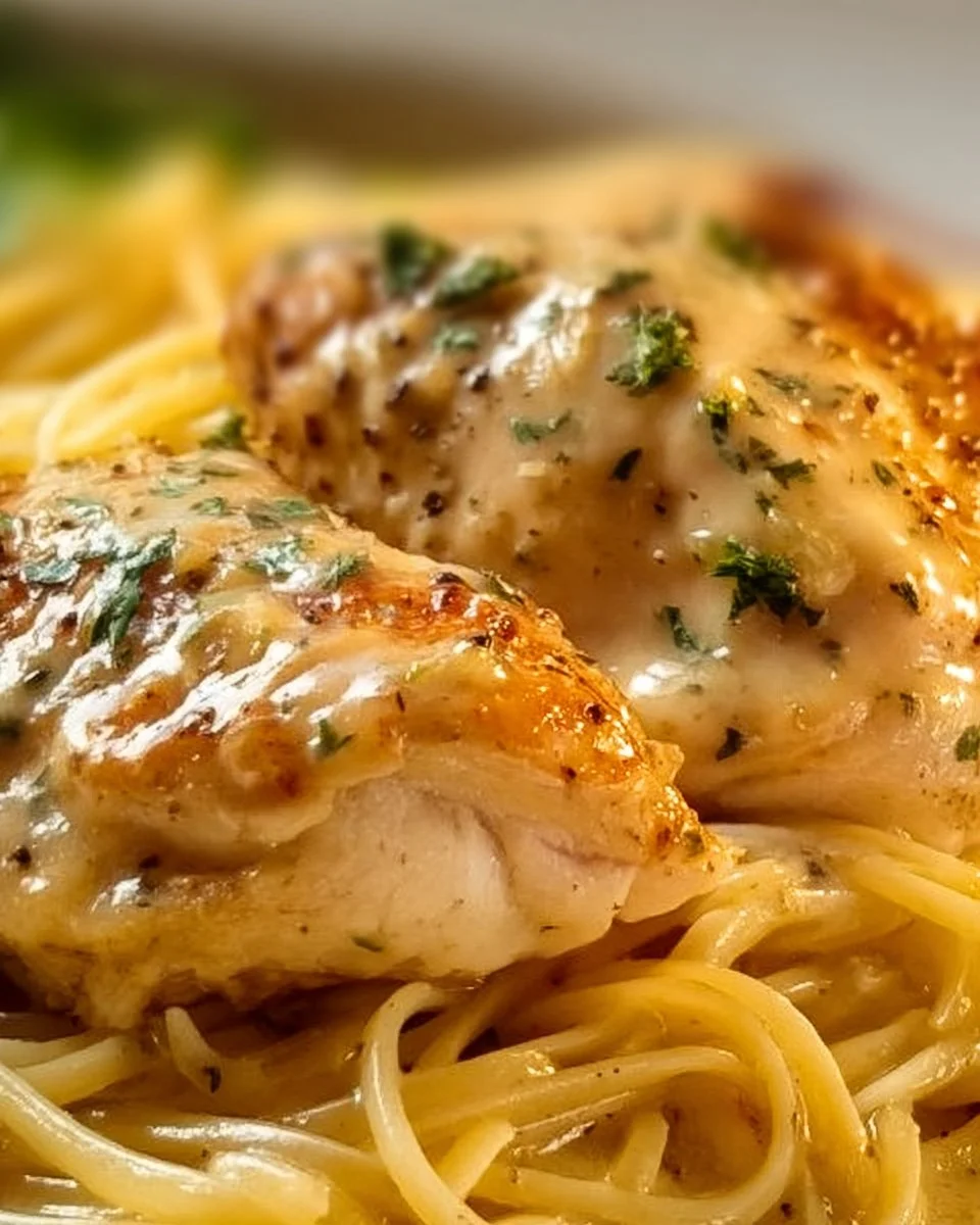 Delicious Crock Pot Angel Chicken served with creamy sauce and herbs.