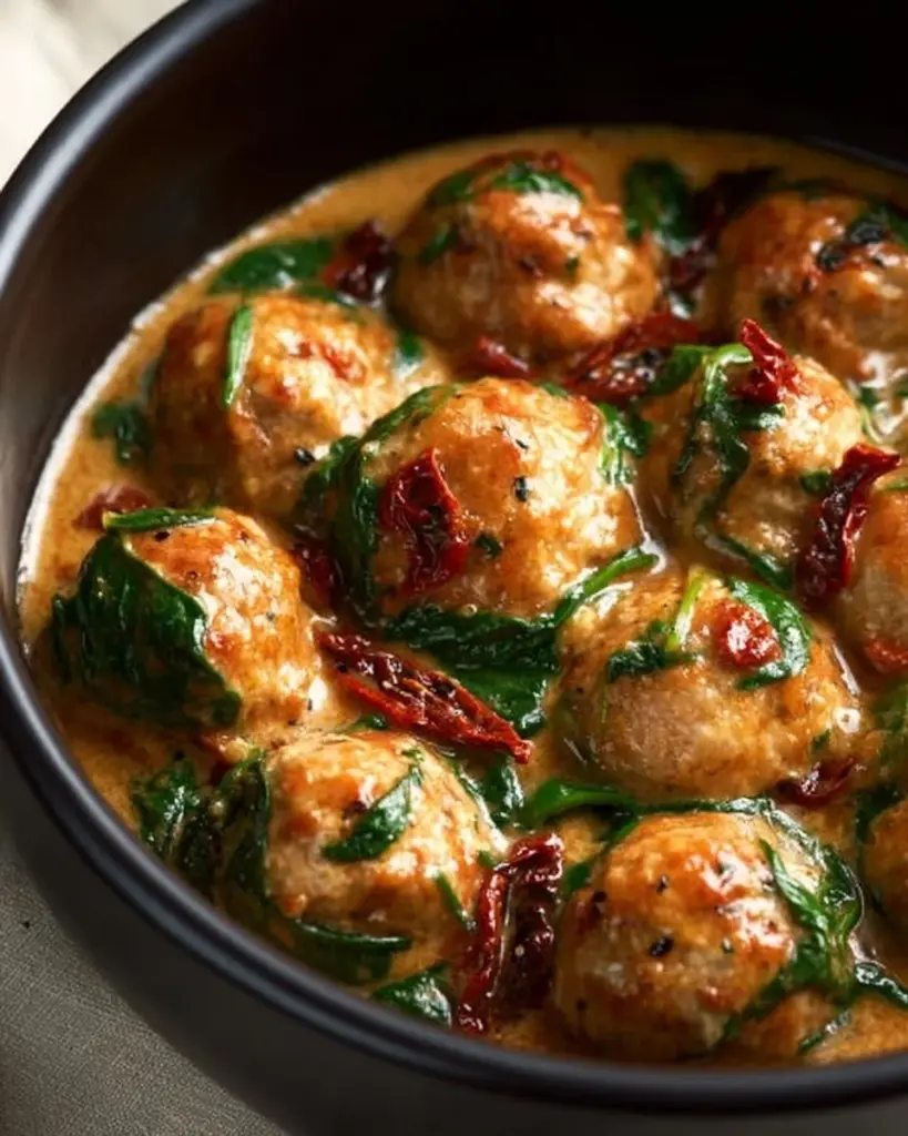 Crockpot Marry Me Chicken Meatballs served on a plate with herbs and sauce