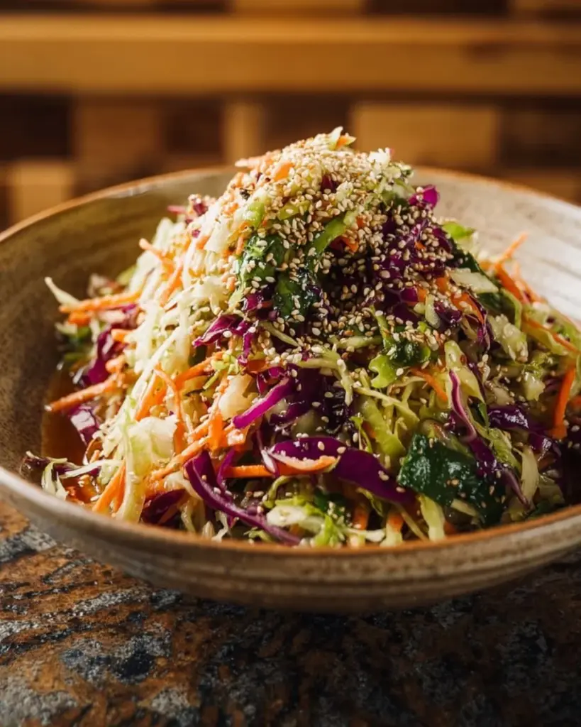 Crunchy Asian cabbage slaw with sesame dressing served in a bowl