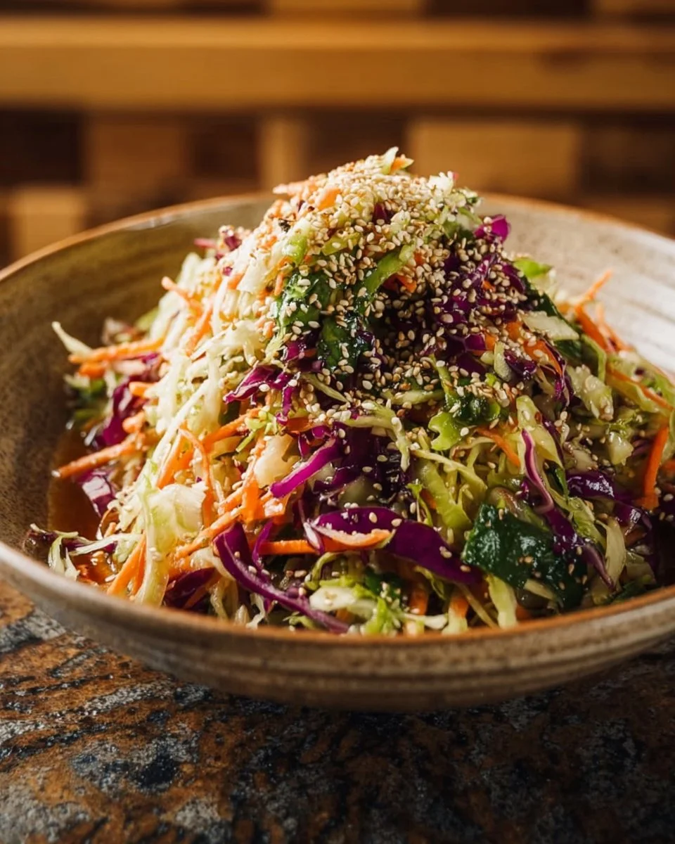 Crunchy Asian cabbage slaw with sesame dressing served in a bowl