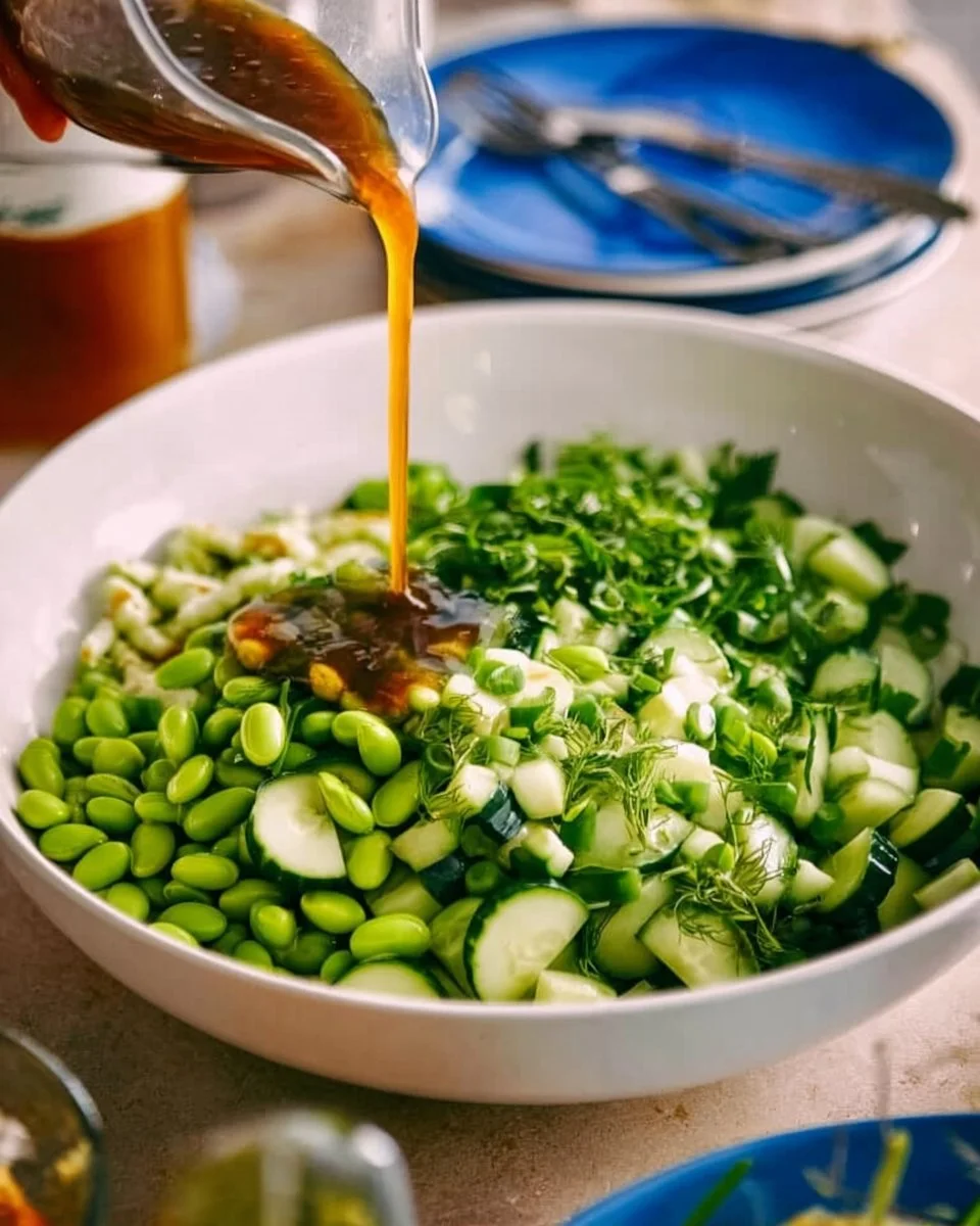 Cucumber Edamame Salad with fresh vegetables and dressing