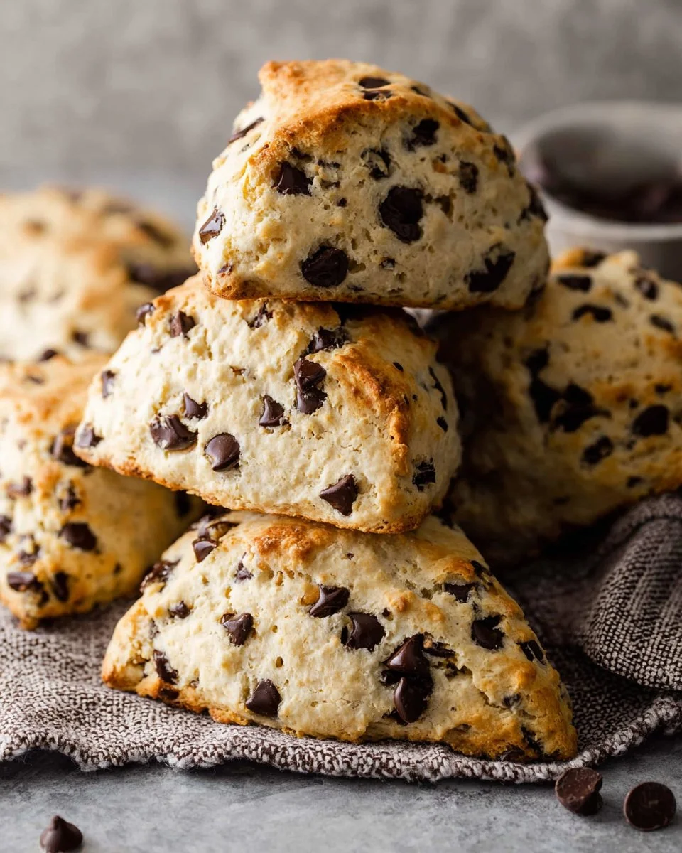 Freshly baked chocolate chip scones served on a plate