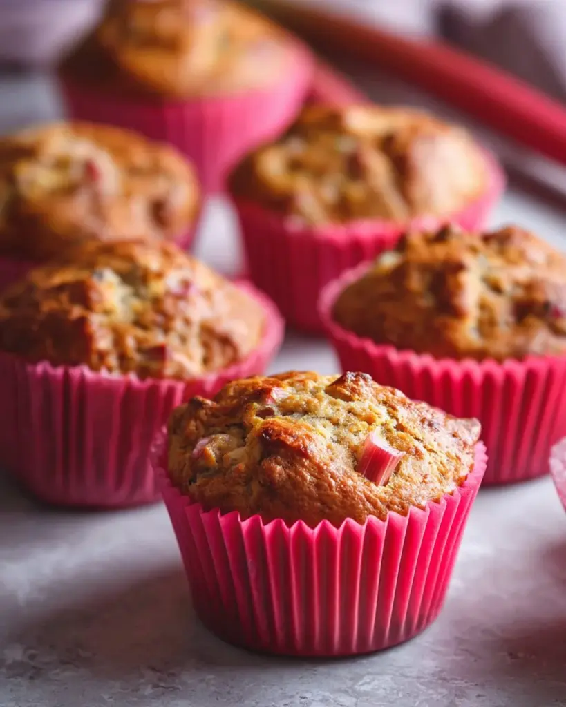 Whole grain rhubarb muffins fresh from the oven, topped with a sprinkle of sugar.
