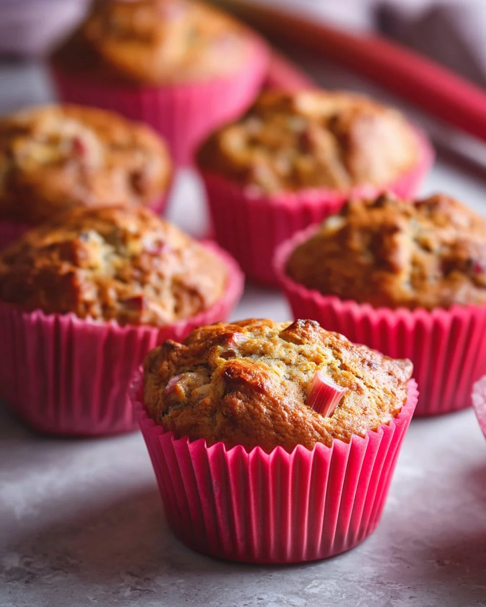 Whole grain rhubarb muffins fresh from the oven, topped with a sprinkle of sugar.