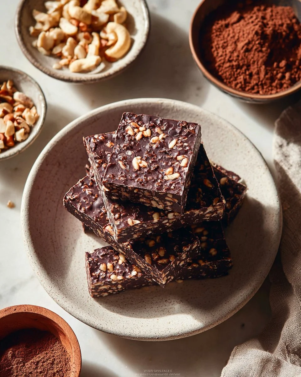 Chewy chocolate rice crispy squares without marshmallows on a plate