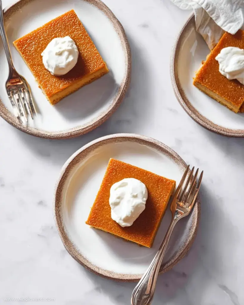 Healthy Paleo Pumpkin Pie Bars served on a rustic wooden table