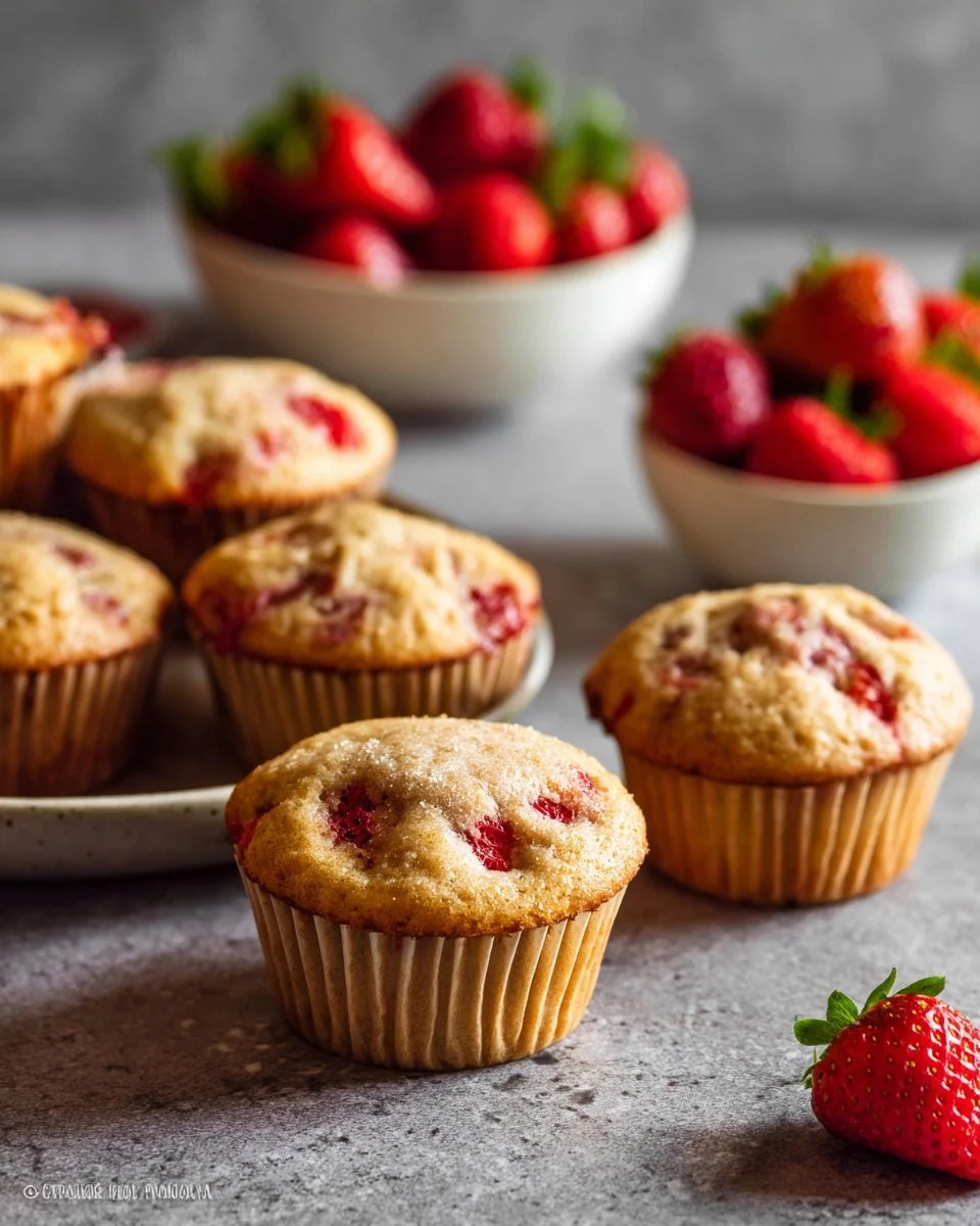 Soft strawberry muffins on a plate, a perfect sweet morning treat