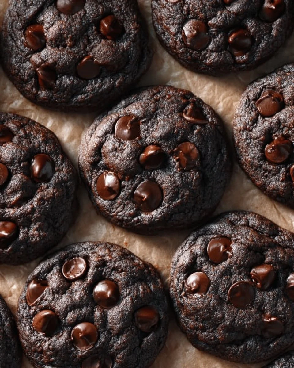 Plate of double chocolate chip cookies, rich and delicious treat for chocolate lovers.