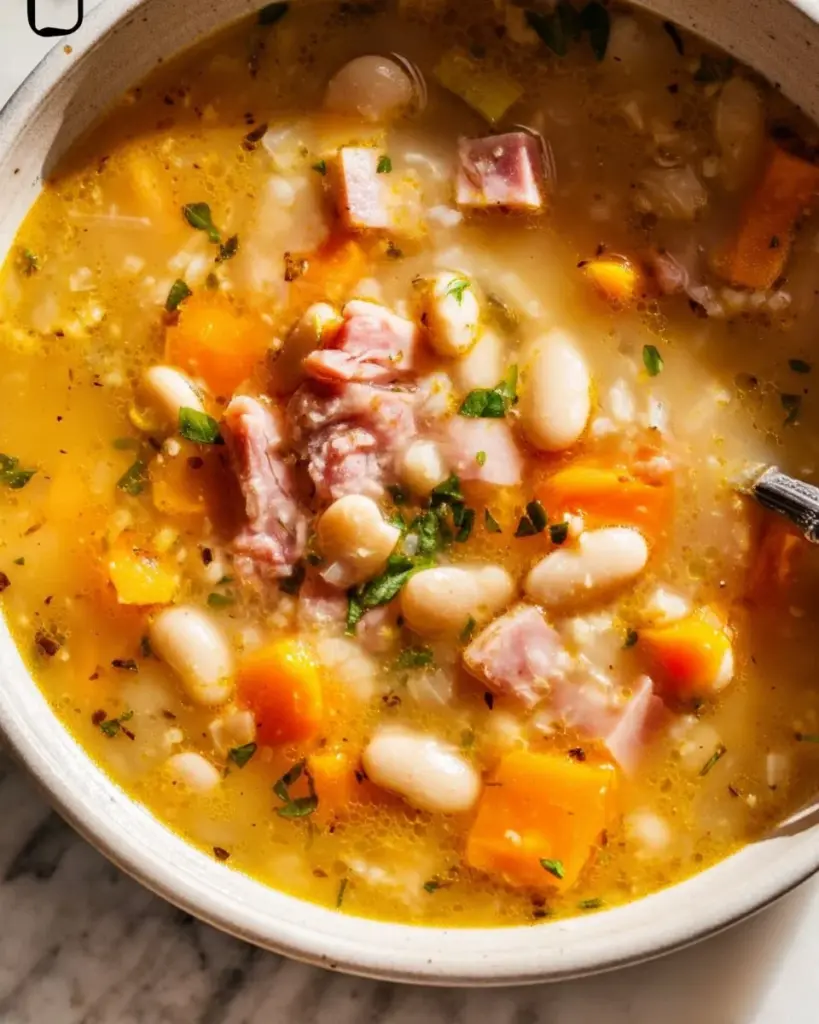 Bowl of Easy Ham and Bean Soup garnished with herbs