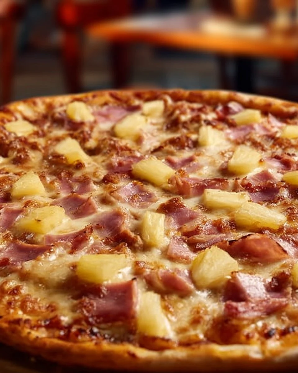 Homemade Easy Hawaiian Pizza topped with pineapple and ham