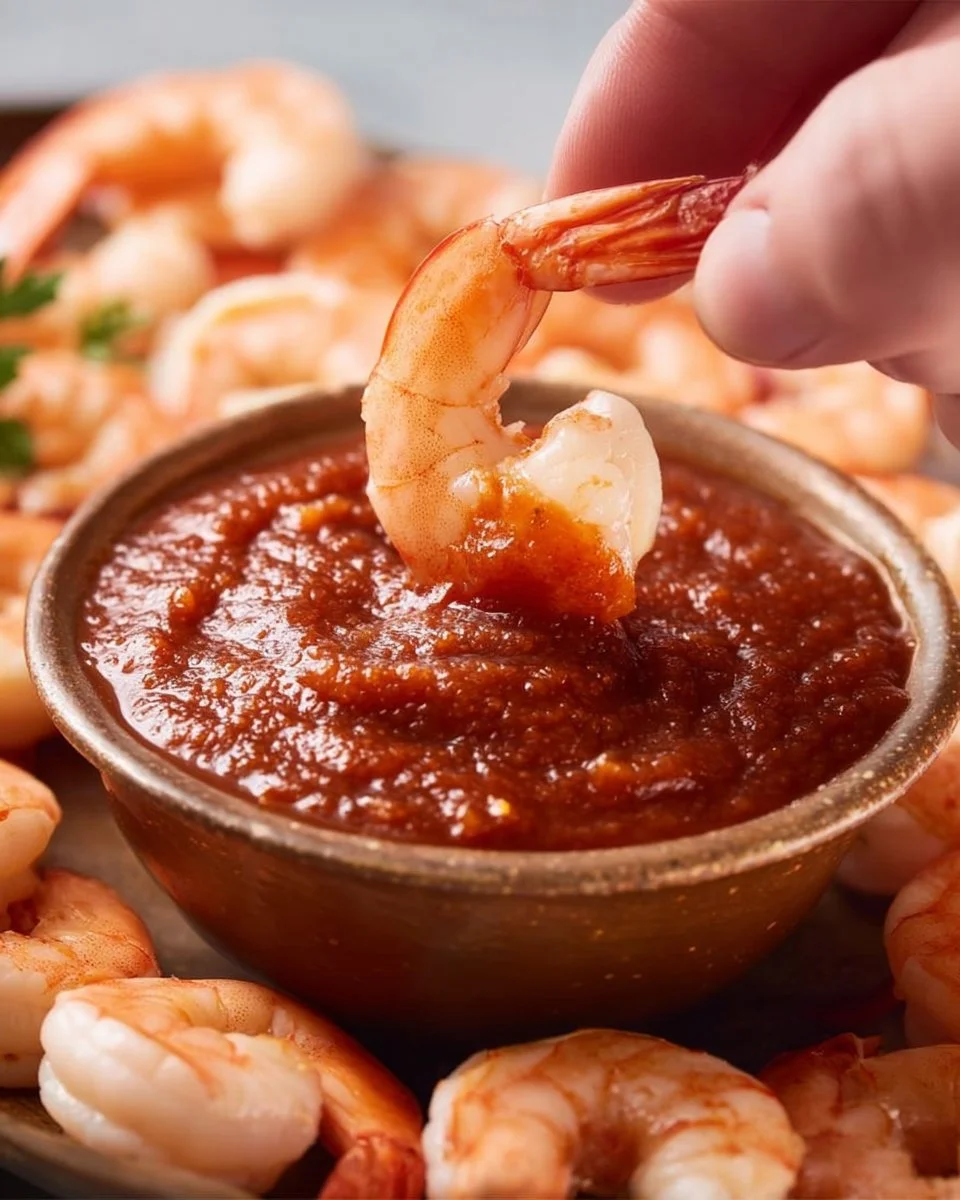 A bowl of easy homemade cocktail sauce with lemon and shrimp.