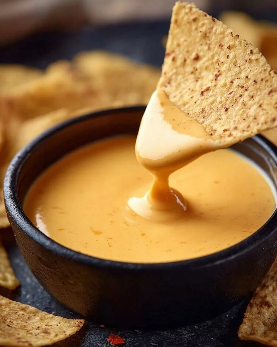 Bowl of homemade easy nacho cheese sauce with tortilla chips