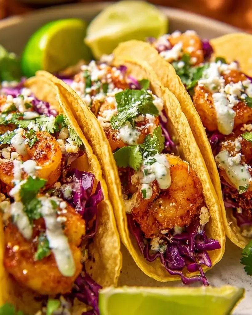 Plate of easy shrimp tacos topped with fresh ingredients