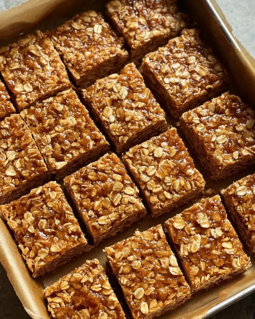 Delicious homemade soft chewy flapjacks on a wooden table