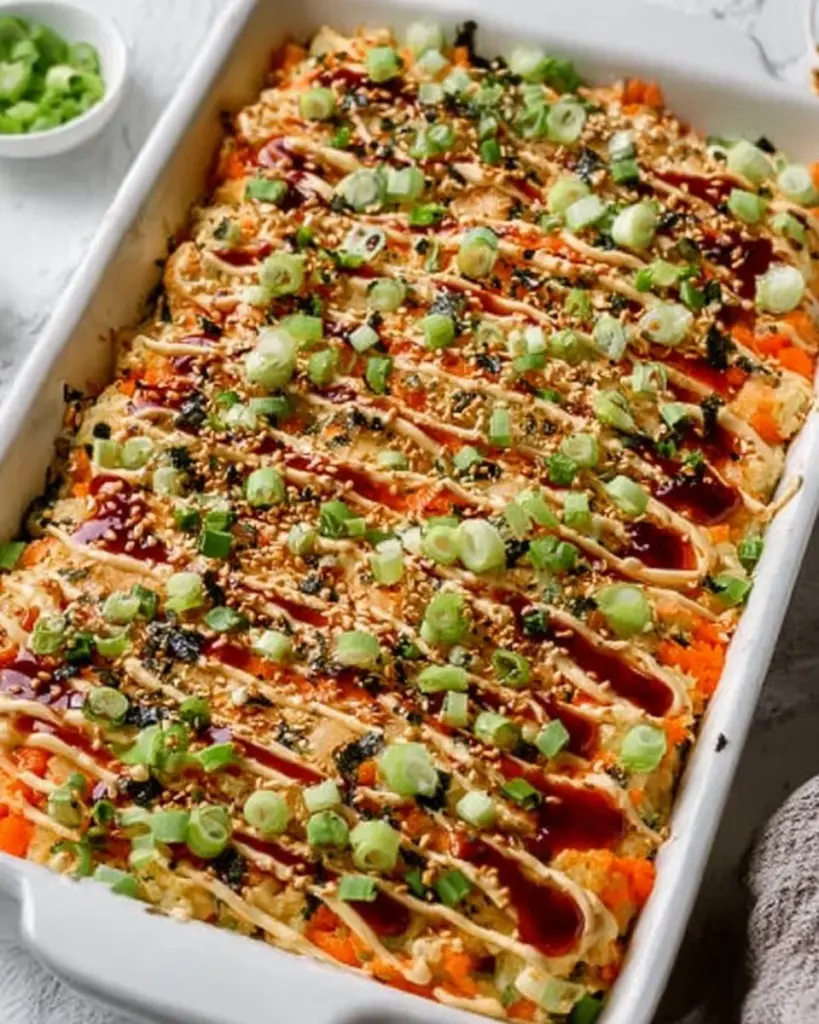 Delicious homemade easy sushi bake served in a baking dish