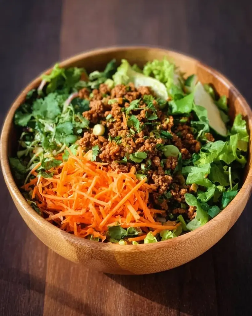 Colorful Egg Roll Salad in a bowl with fresh vegetables and toppings