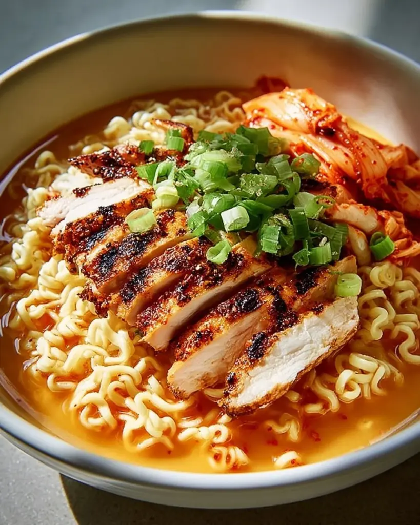 Fiery chicken ramen dish with creamy garlic sauce and vibrant toppings