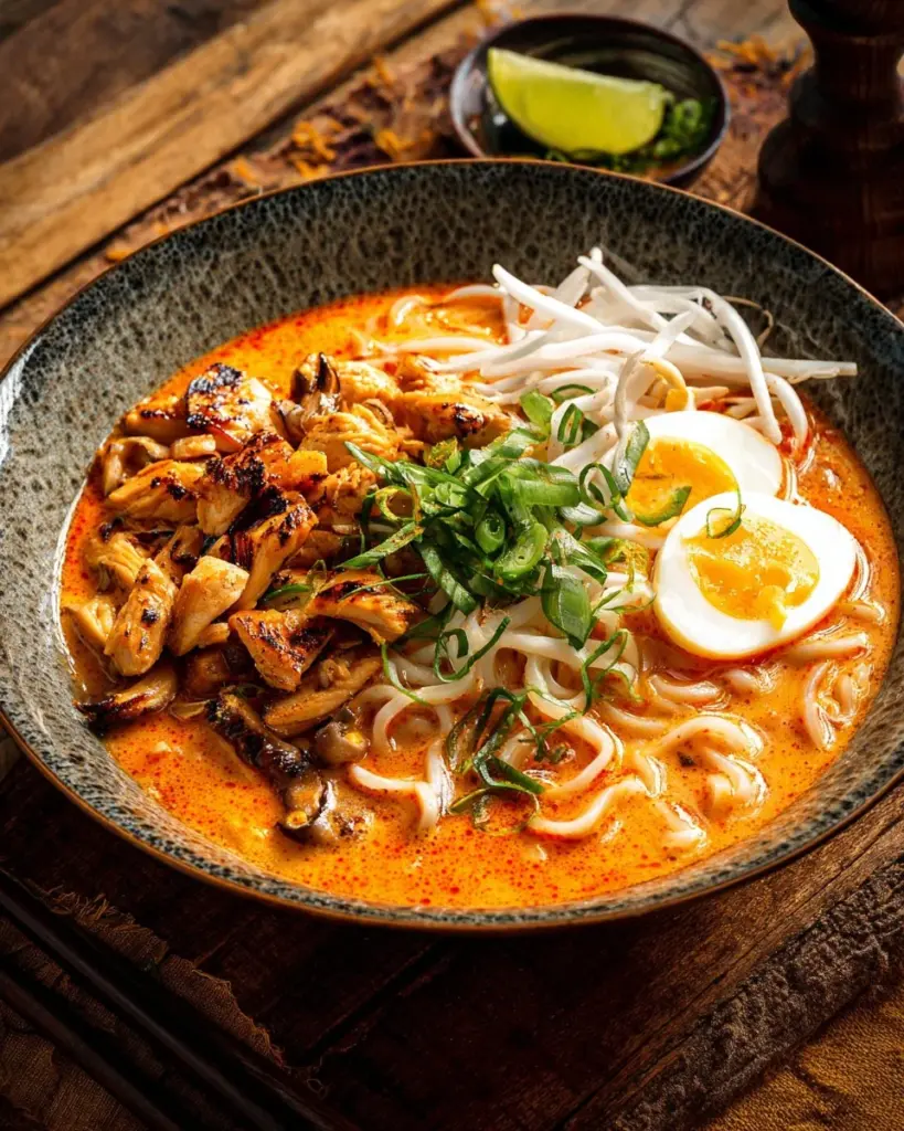 Bowl of fiery chicken ramen garnished with creamy garlic sauce and fresh herbs.