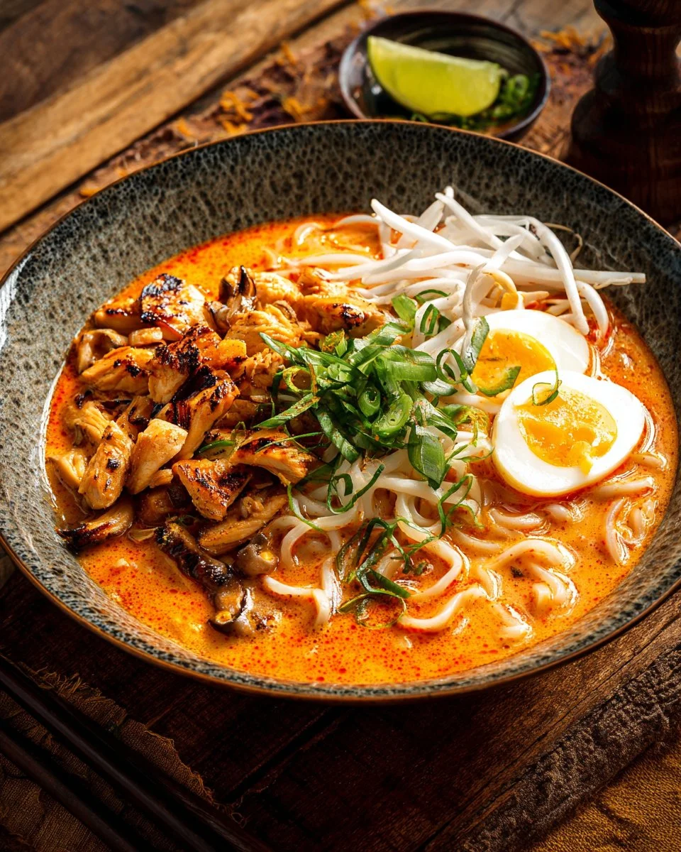 Bowl of fiery chicken ramen garnished with creamy garlic sauce and fresh herbs.